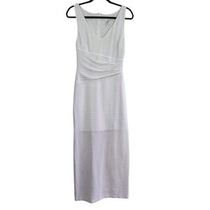 Cache White Striped V Neck Midi Maxi Dress Size 4 Beach Resort Preppy